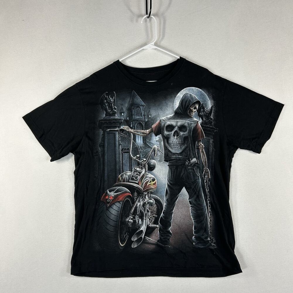 Spiral Direct Graphic Print T-shirt Mens Large Biker Motorcycle Skull Black Tee